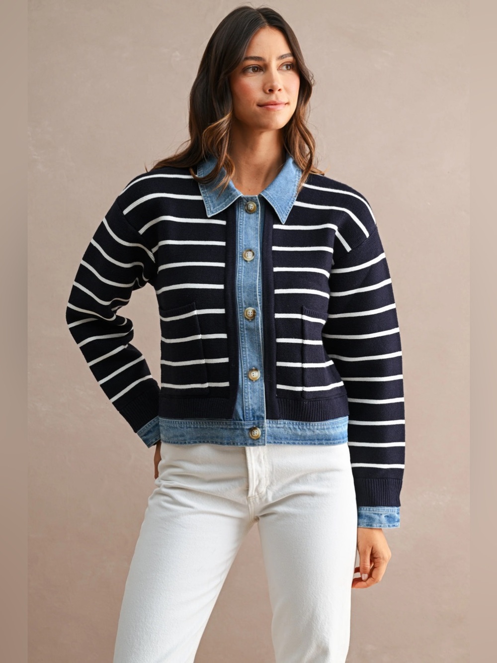 NWT Navy Striped Knit Cardigan with Denim Trim | Button Down Cardigan - Picture 3 of 8